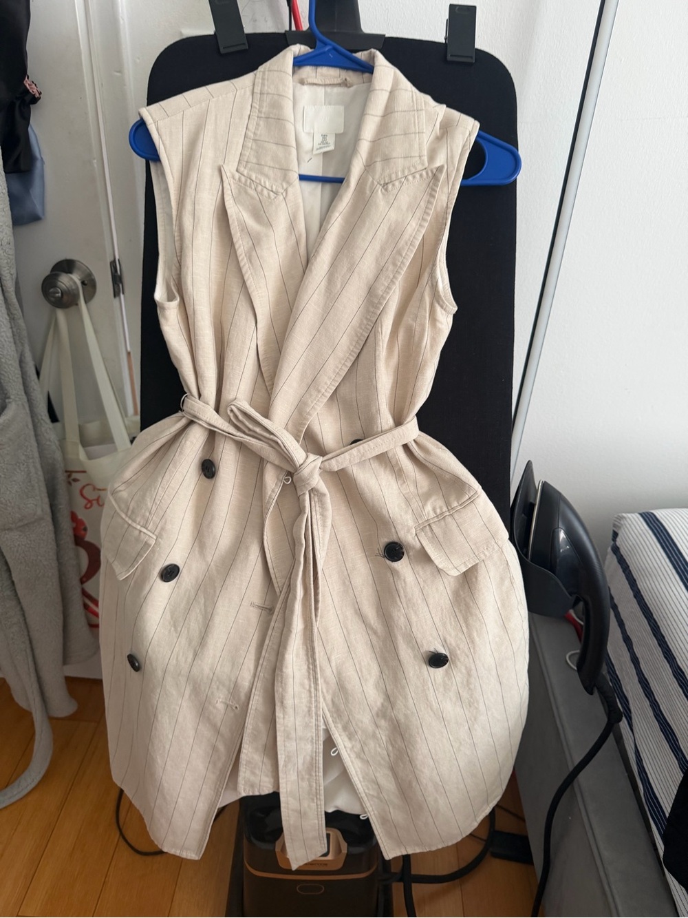 H&M Cream Pinstripe Sleeveless Tie-Waist Dress